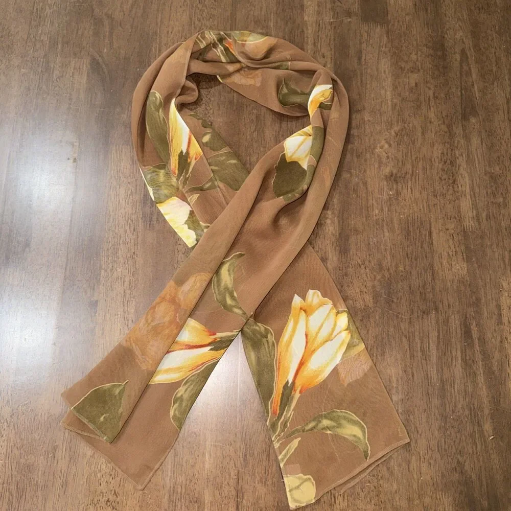 Bernie of New York Brown Silk Sheer Double Layer Oblong Scarf Vintage 58.5x11